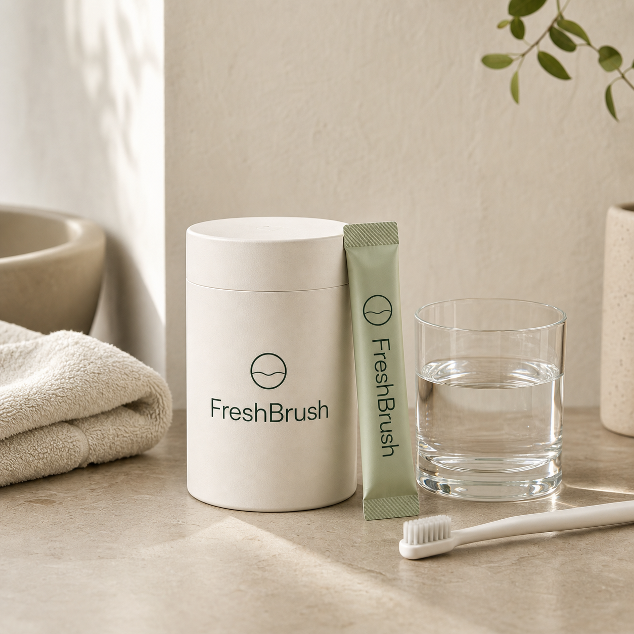 FreshBrush pulver med glass vann og tannbørste