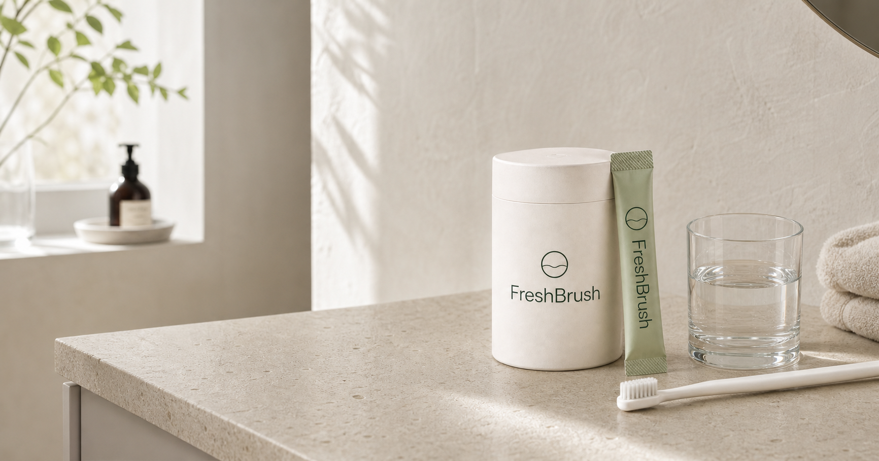 FreshBrush emballasje, glass med vann og tannbørste i et lyst skandinavisk bad