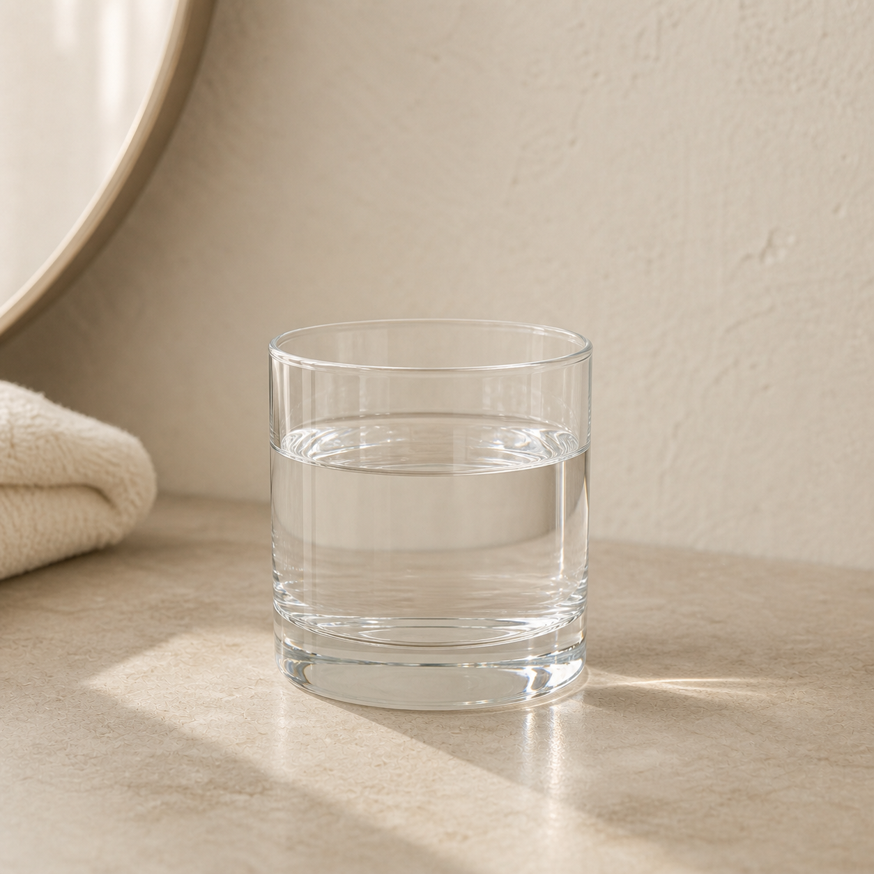 Et rent glass fylt med vann i et lyst skandinavisk bad